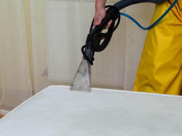 This is a photo of a man steam cleaning a dirty mattress carried out by Purley Carpet Cleaning Solutions.